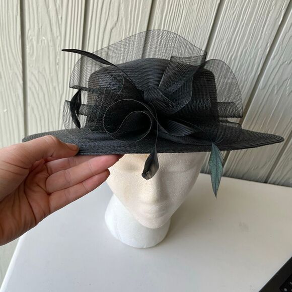 VTG Black Wide Brim Hat Mesh & Feather Trim Formal Church Derby Tea - Picture 5 of 12